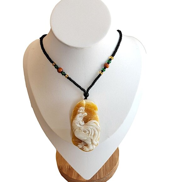 Fortune Rooster Medallion Pendant Made from Natural Jade. Hand-crafted Necklace - Picture 2 of 4